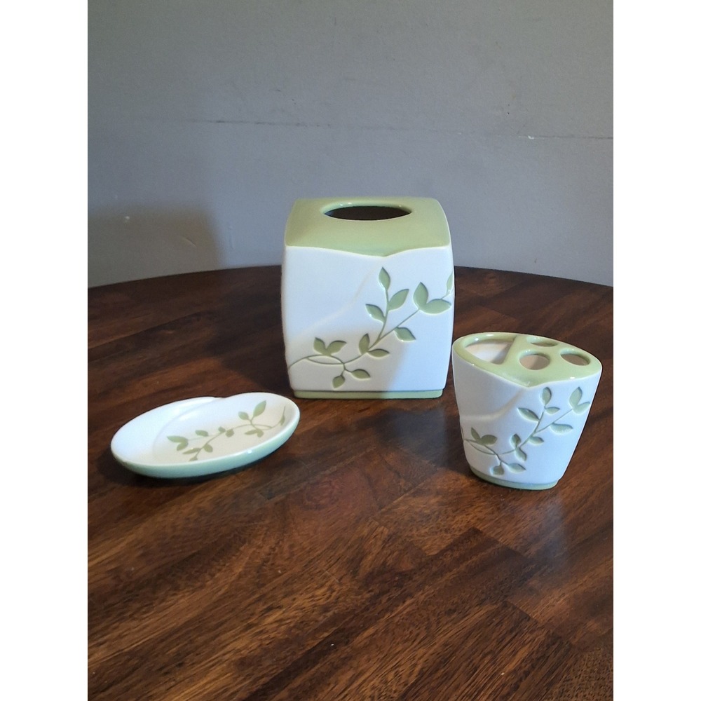 Bed Bath & Beyond Spring Lake Ceramic Bathroom Set Sage Green Leaf 3 Piece